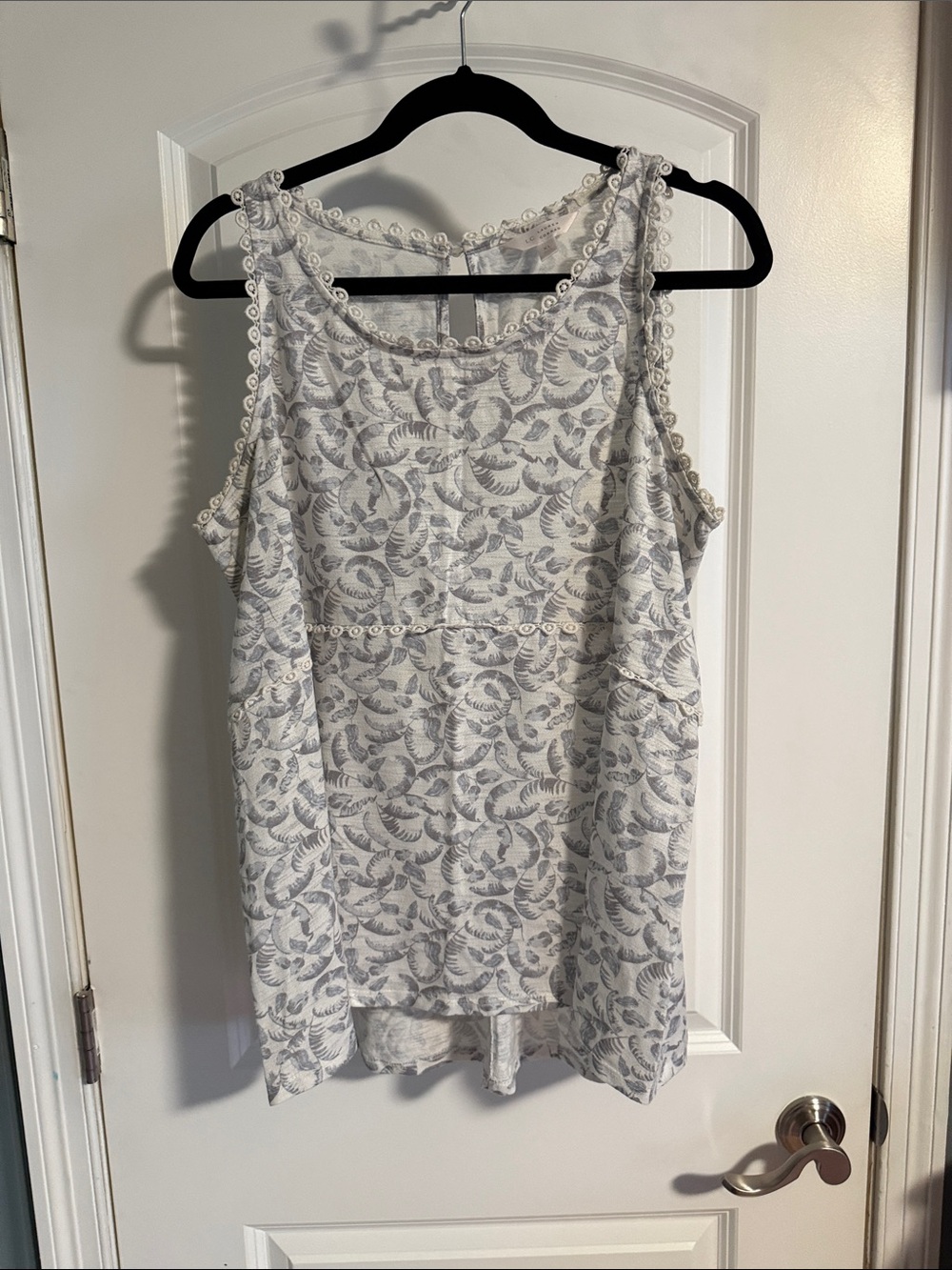 LC Lauren Conrad White Tank with Gray Botanical Print & Eyelet Trim